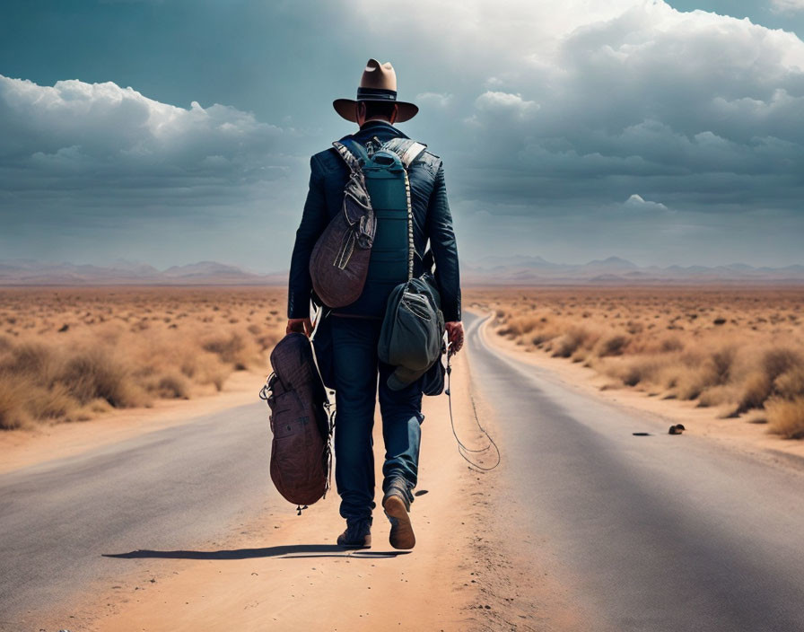 Solo traveler with guitar walks desert road under cloudy sky