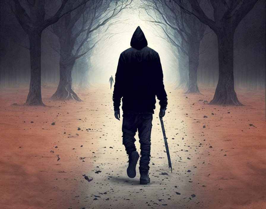 Person in hoodie and jeans walking in misty forest with walking stick and looming figure