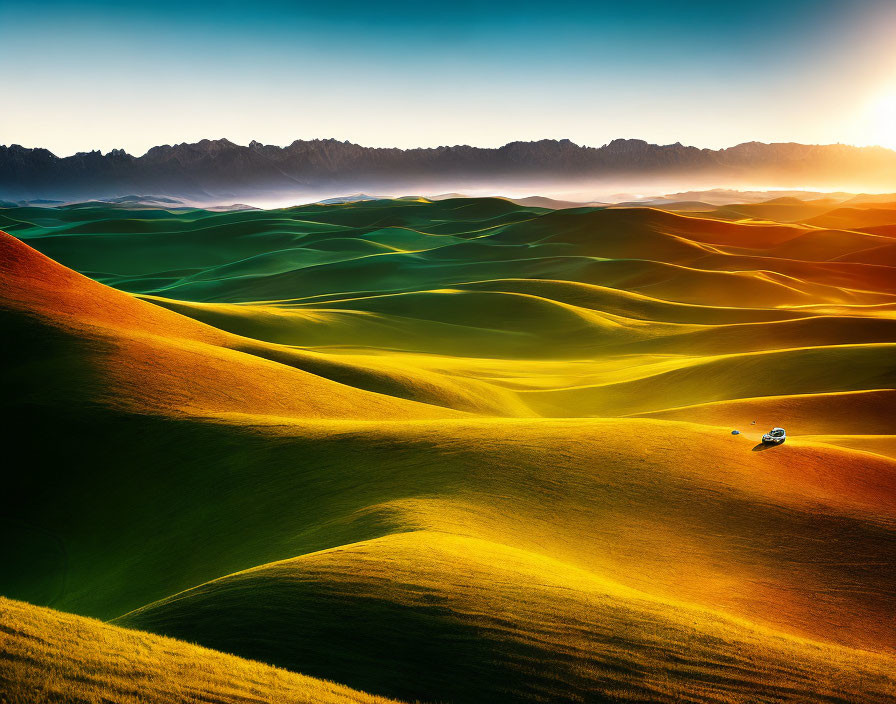 Car driving through vibrant sand dunes at sunset with mountains in the distance