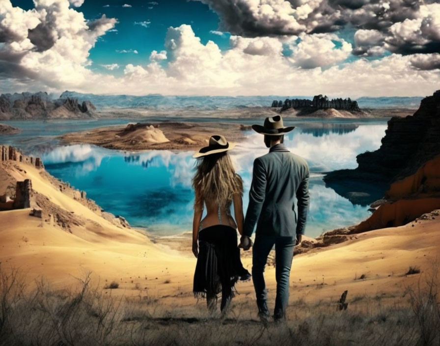 Man and woman in hats holding hands by serene lake in desert landscape