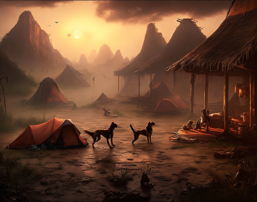 Serene campsite at dusk with tents, huts, dogs, and mountain backdrop