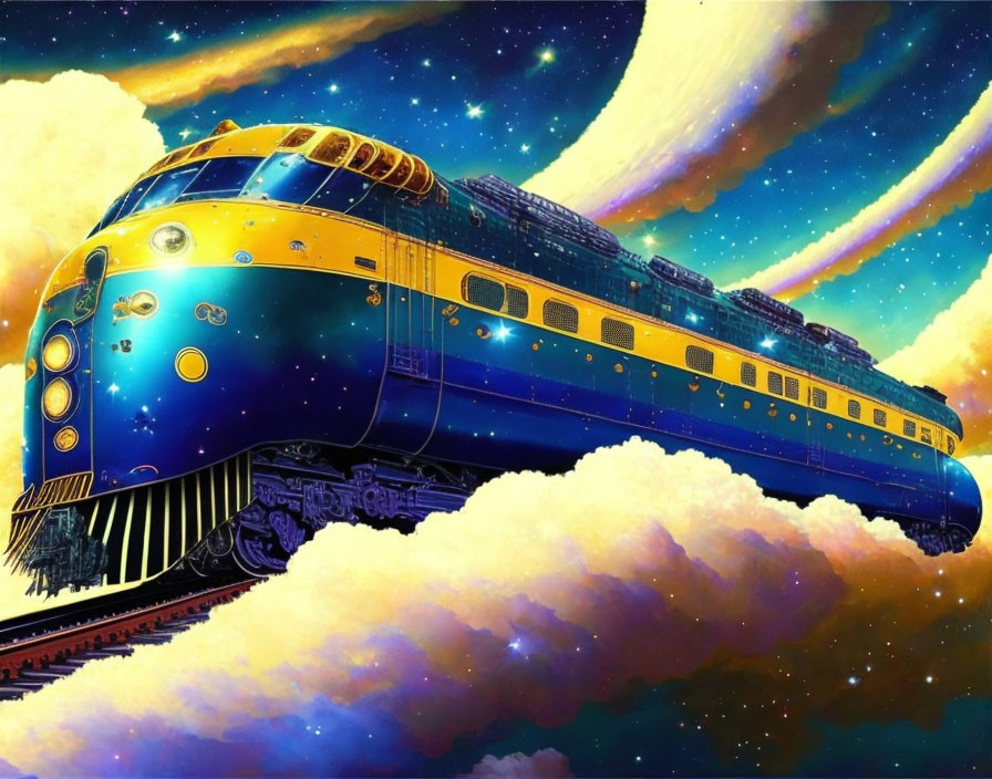 Colorful Vintage Blue and Gold Train in Dreamlike Sky