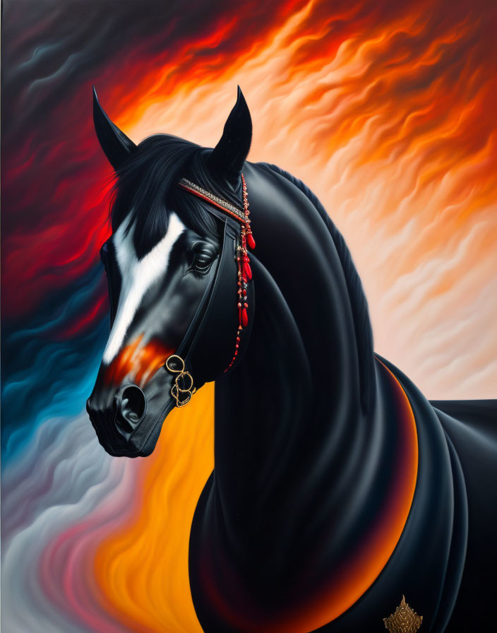 Majestic black stallion with glossy coat and elegant bridle against vibrant backdrop