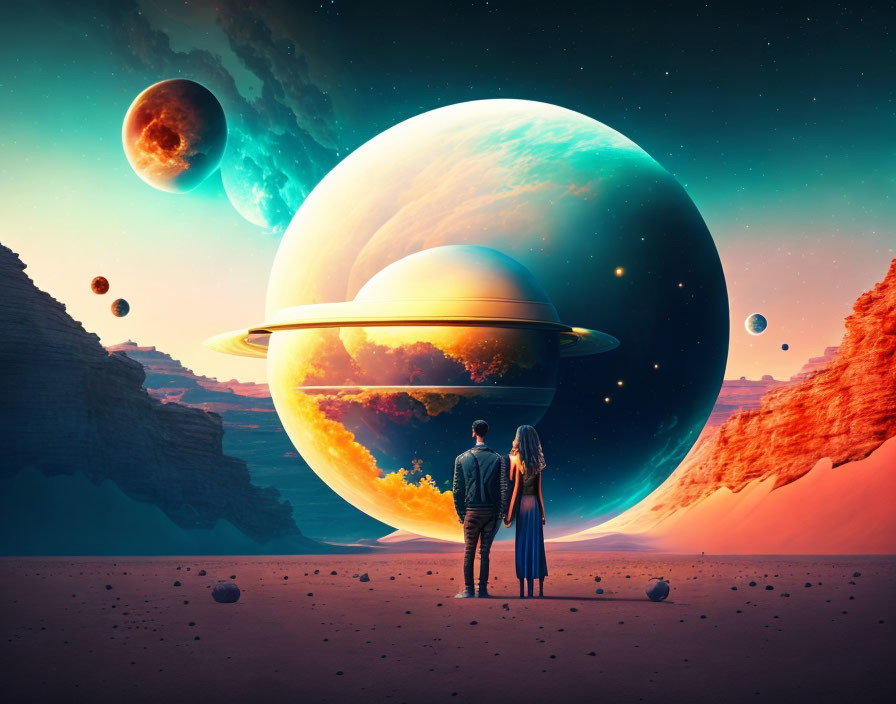 Couple holding hands on surreal alien landscape with giant ringed planet.