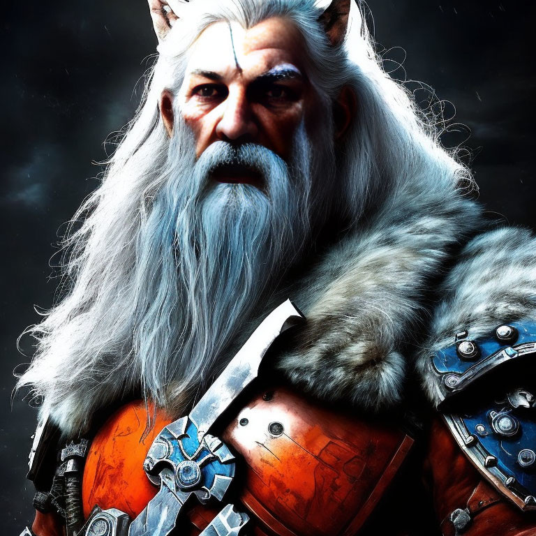 Bearded warrior with white hair and armor illustration