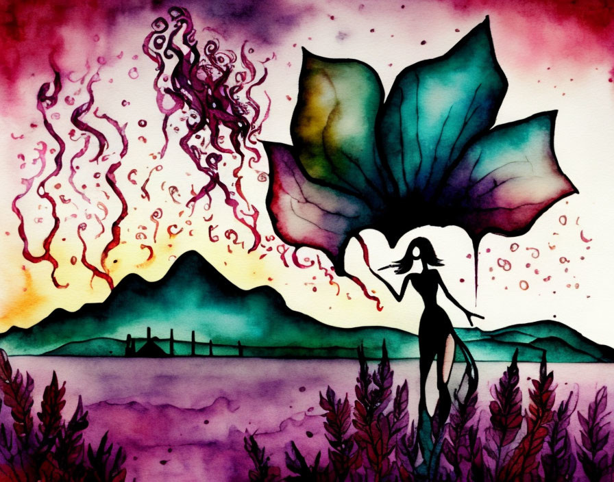 Silhouette of woman with wings in watercolor against mountain backdrop