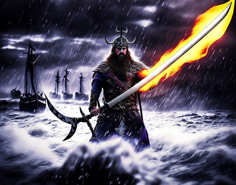 Viking warrior in armor wields glowing sword in stormy sea landscape