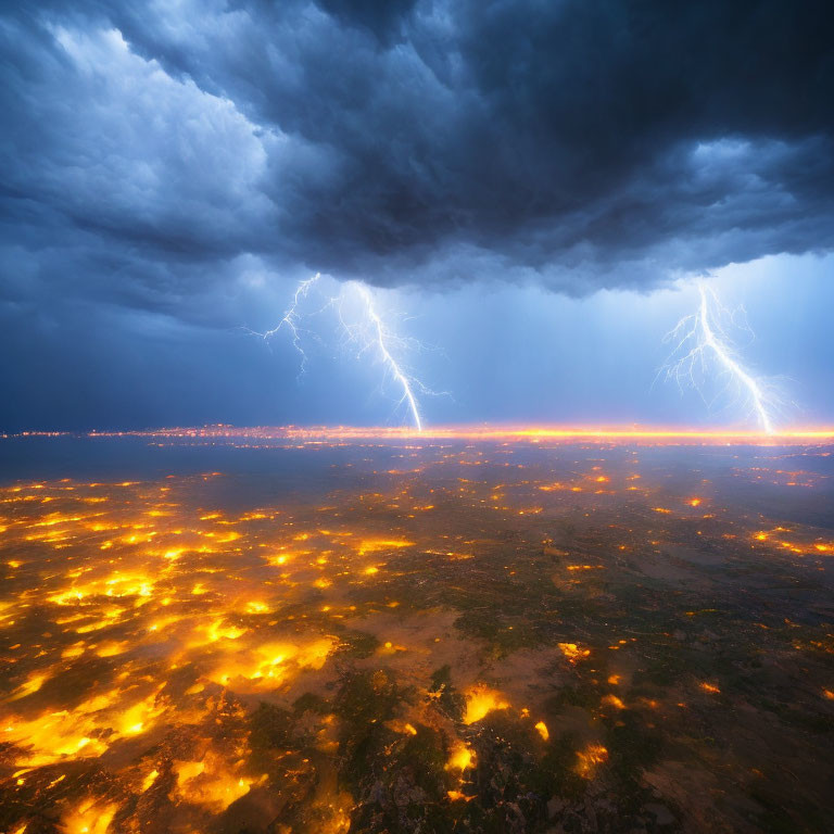 Dramatic thunderstorm with lightning strikes over fiery landscape