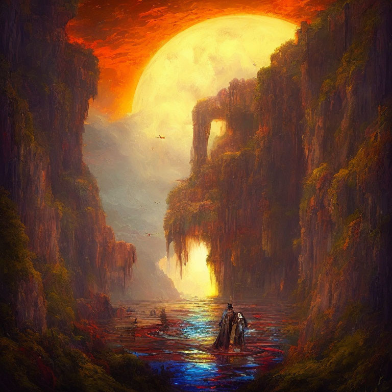 Vibrant canyon landscape with sun, river, boat, and birds