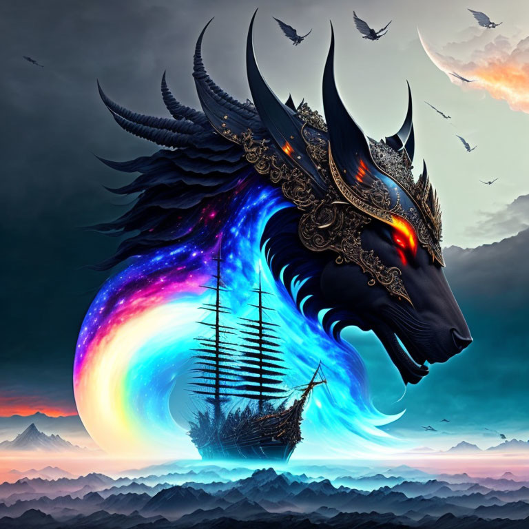 Majestic cosmic dragon with ship on neck in twilight sky above mountains.