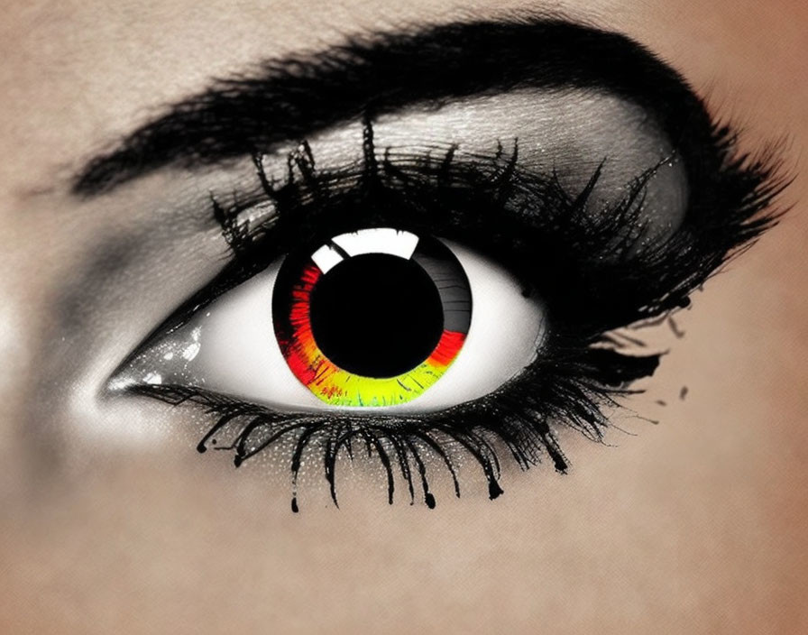 Detailed Close-Up of Human Eye with Black and Red Makeup and Striking Black, White, and Red