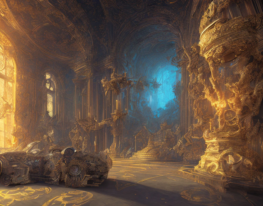 Luxurious gold hall with intricate designs and sunlight, mysterious blue glow.