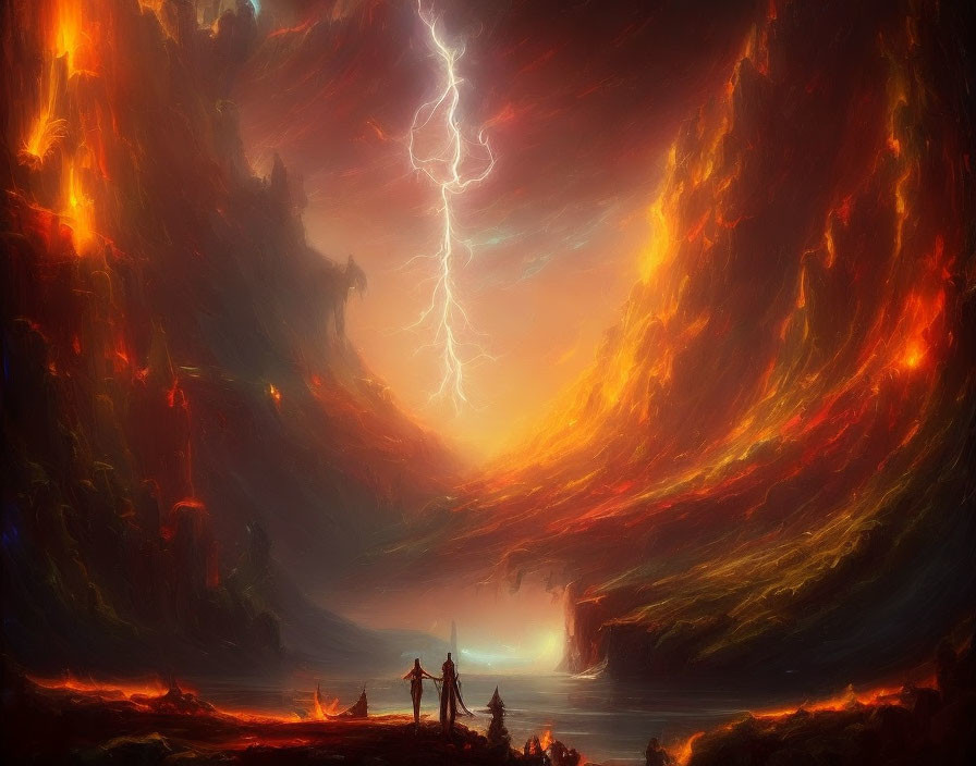 Vivid artwork of silhouetted figures under lightning bolt in fiery landscape