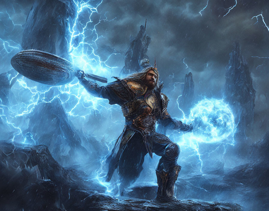 Bearded warrior in armor wields shield, channels blue lightning in stormy landscape