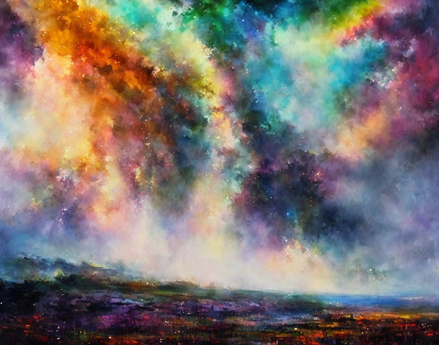 Colorful Abstract Watercolor Painting of Cosmic Rainbow Scene