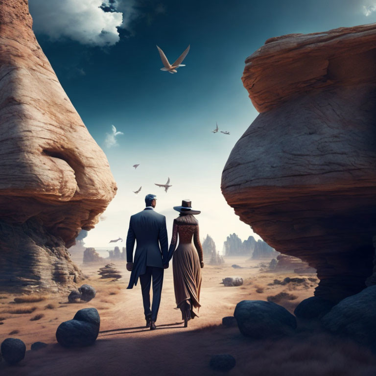 Elegant couple strolling in desert canyon with birds in sunlit sky