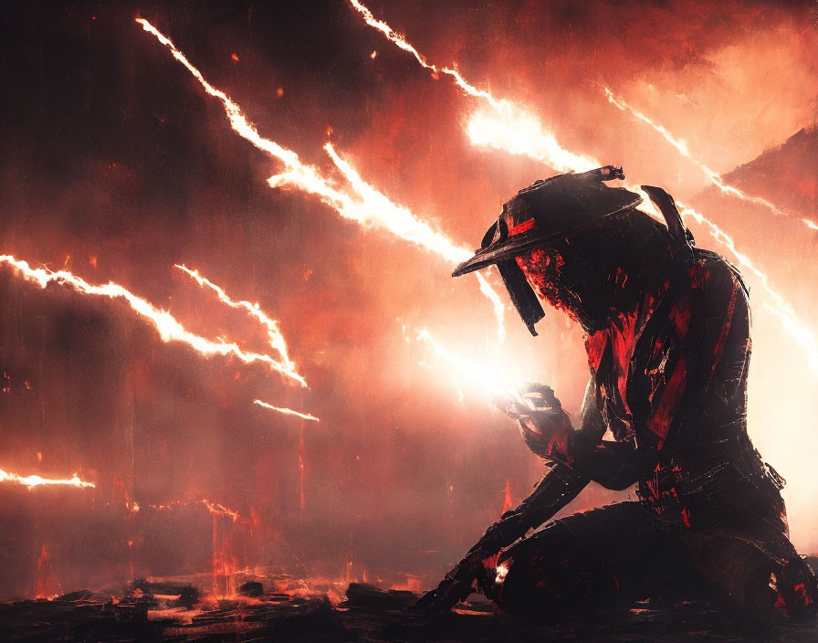 Samurai figure in crouched position under red lightning storm