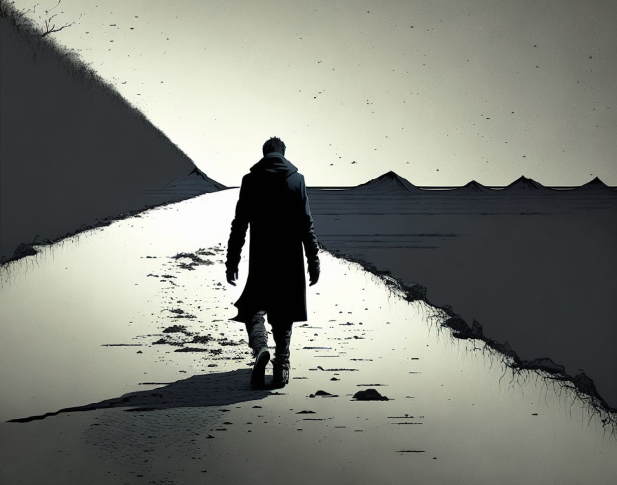 Solitary figure walking on desolate path under somber sky