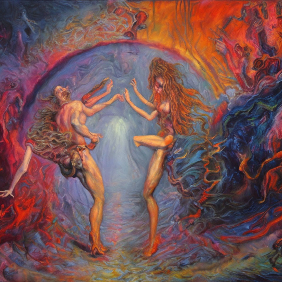 Colorful abstract painting of man and woman with flowing hair in swirling backdrop.