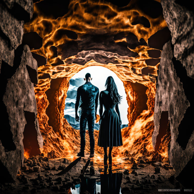 Silhouetted couple at cave entrance overlooking fiery landscape