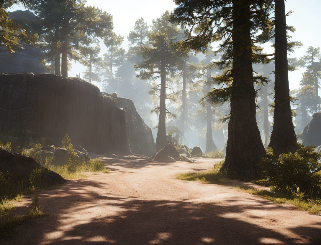 Tranquil Forest Path with Sunlight Filtering Through Tall Trees