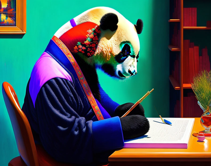 Colorful illustration of a panda in traditional attire writing with a quill at a desk with books