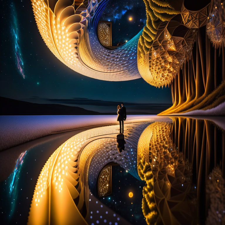 Couple admiring surreal spiraling structure under starry night sky