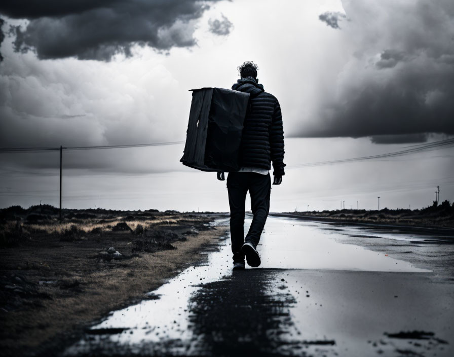 Lonely person walking on wet road under dramatic sky