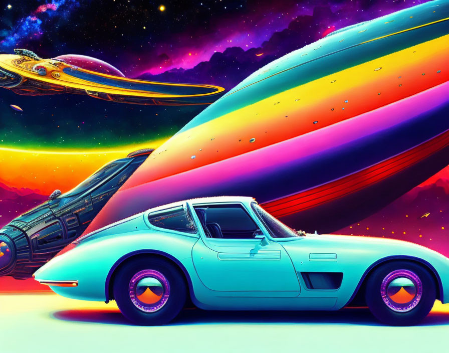 Colorful Retro-Futuristic Illustration with Sports Car and Spaceships