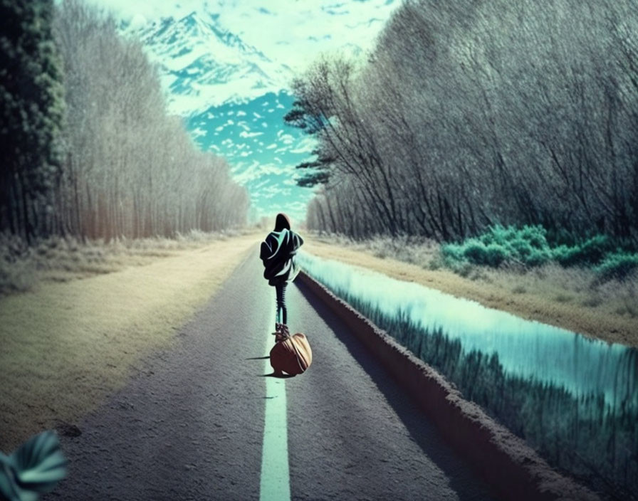 Solitary figure with guitar on scenic road with mountains and trees