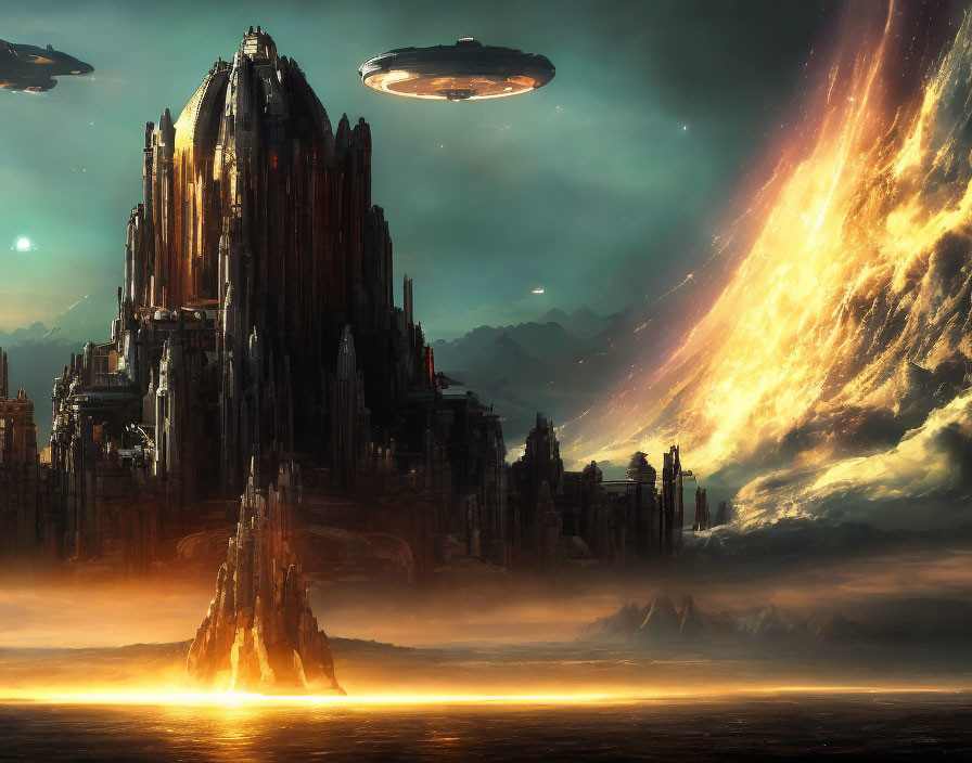 Futuristic cityscape with towering structures, mountains, spacecraft, and fiery cosmic sky