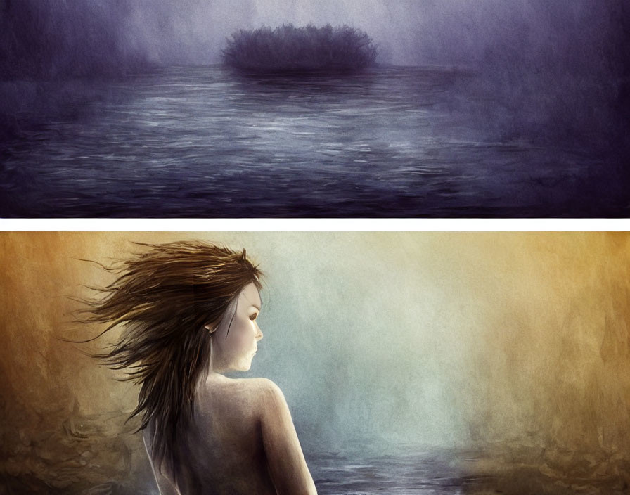 Artwork: Misty Lake with Island & Woman in Serene Atmosphere