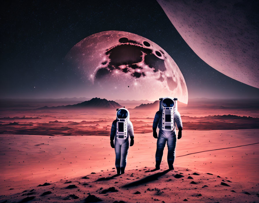 Astronauts exploring alien planet with cratered moon in sky