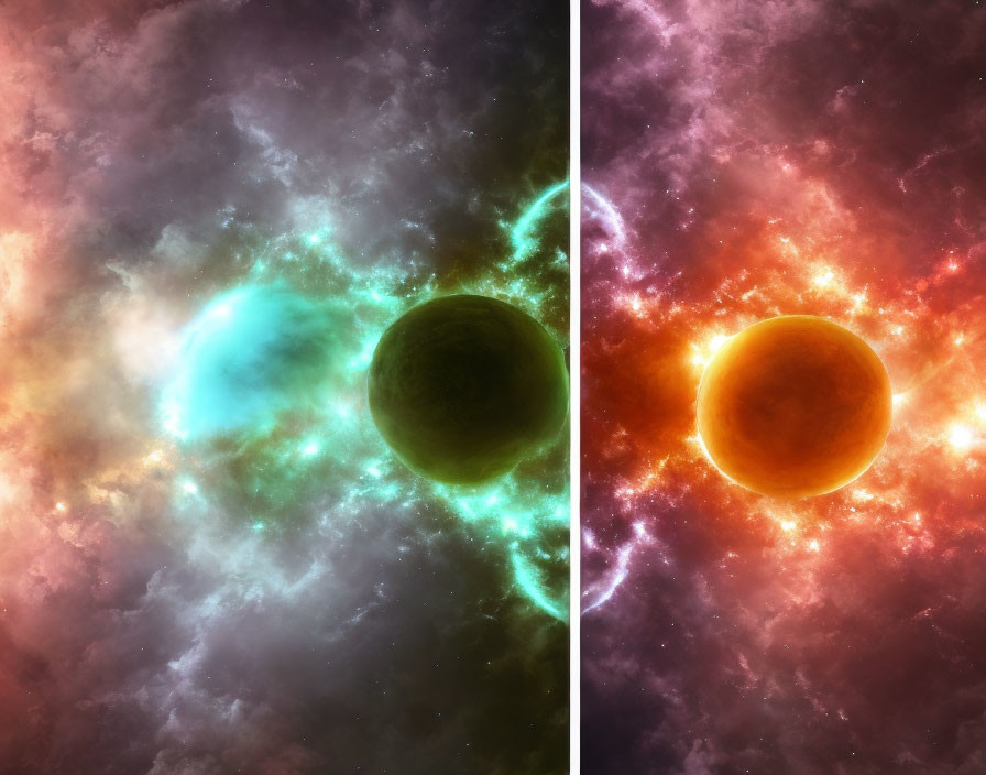 Colorful celestial spheres in digital art on cosmic backdrop