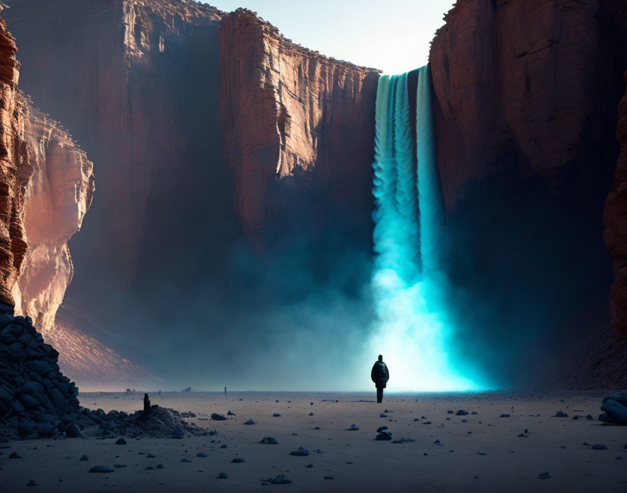 Majestic waterfall between towering red cliffs creates mystical atmosphere