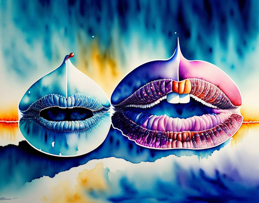 Abstract Painting: Water Droplets with Human Lips on Colorful Background