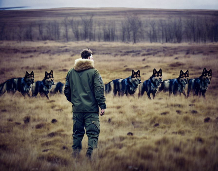 Person in Green Jacket Walking Through Field with Five German Shepherds