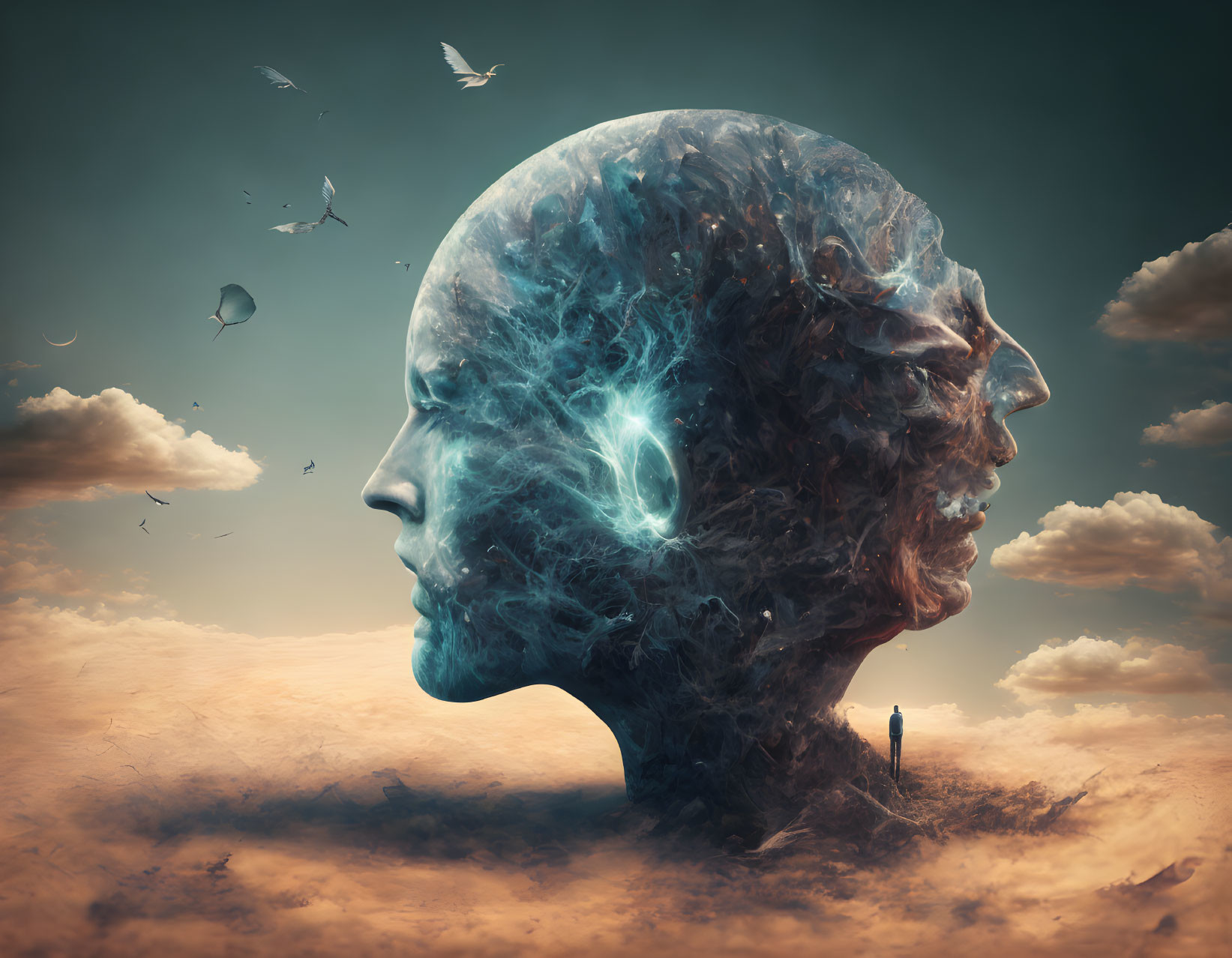 Surreal image of human head fused with tree in desolate landscape with figure and birds, symbol