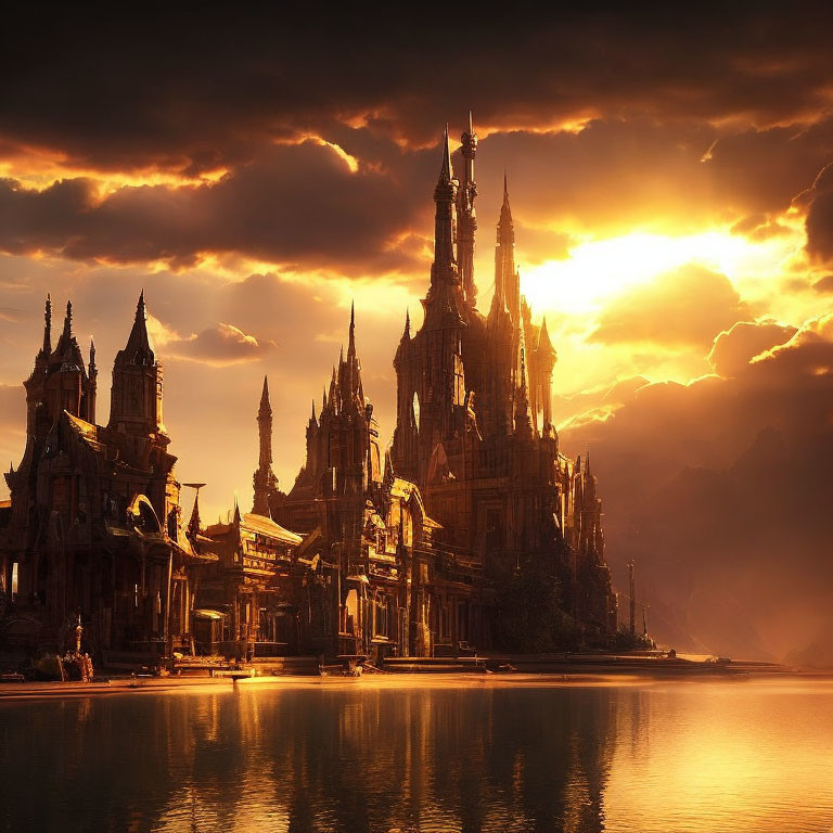 Majestic Gothic castle at sunset over tranquil lake