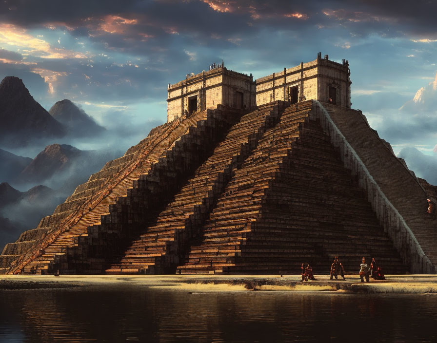 Mesoamerican pyramid with figures in traditional attire near water