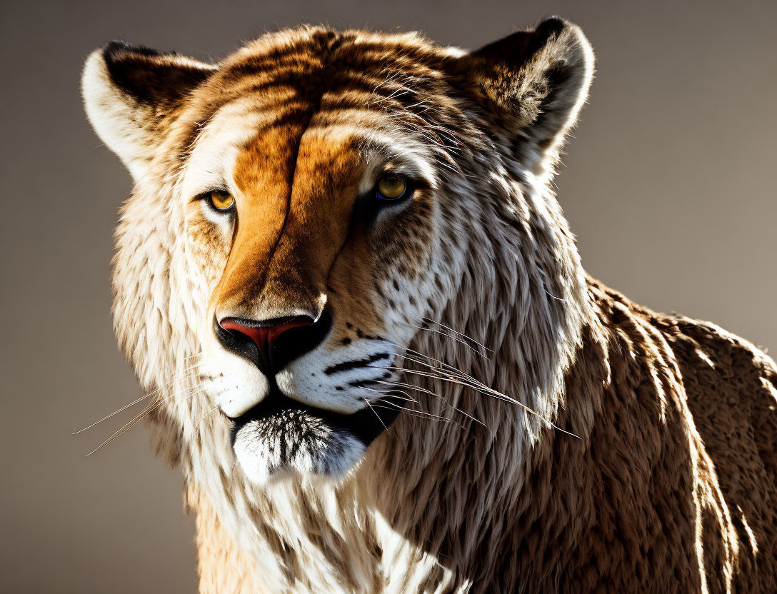 Digital artwork: Lion and tiger blend with stern gaze and detailed fur texture