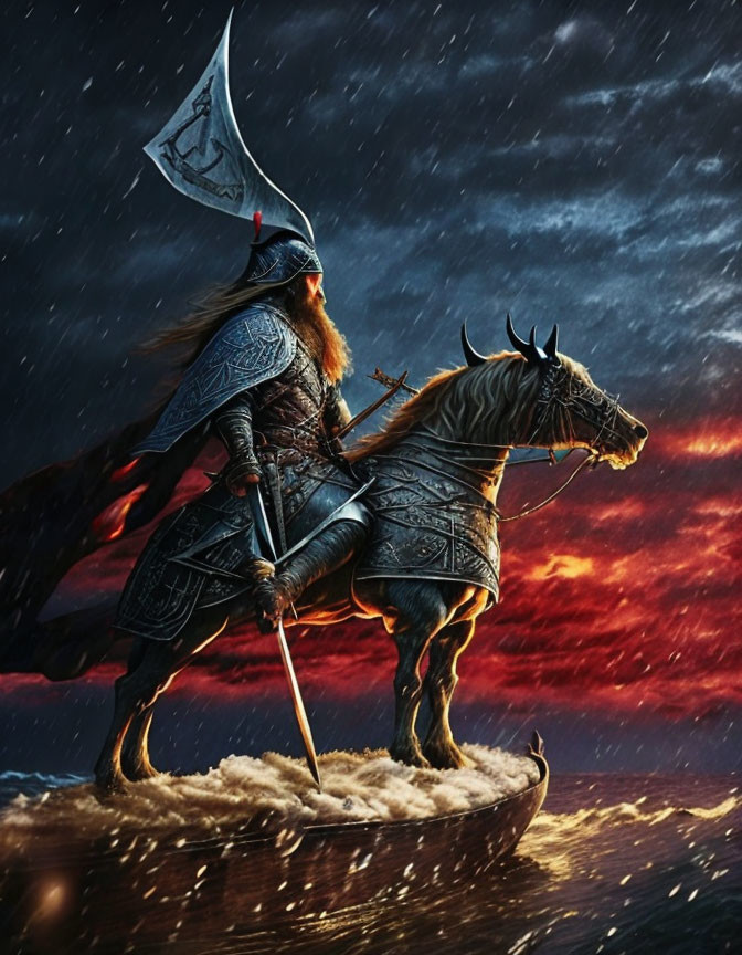 Viking warrior on horseback in stormy scene.