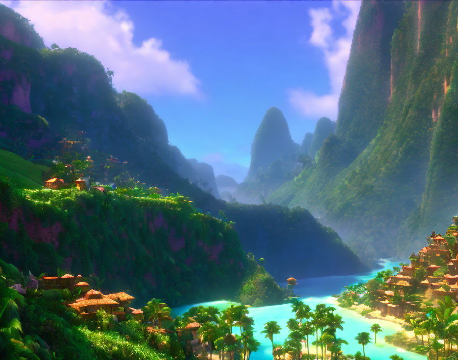 Tropical valley with river, green cliffs, thatched huts & lush foliage