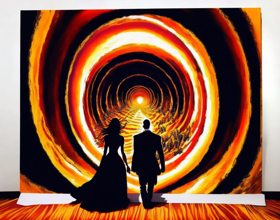 Silhouetted figures before vibrant swirling tunnel of warm colors