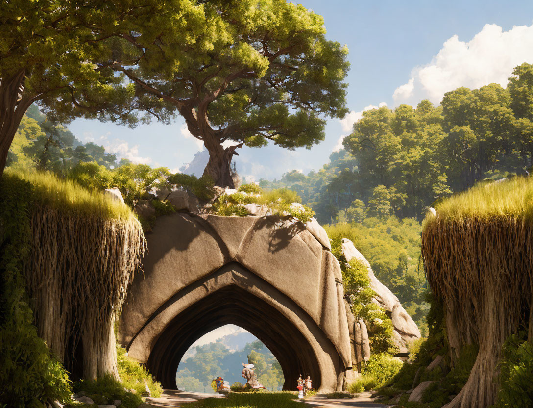 Tranquil forest landscape with stone archway and sunlight filtering through foliage