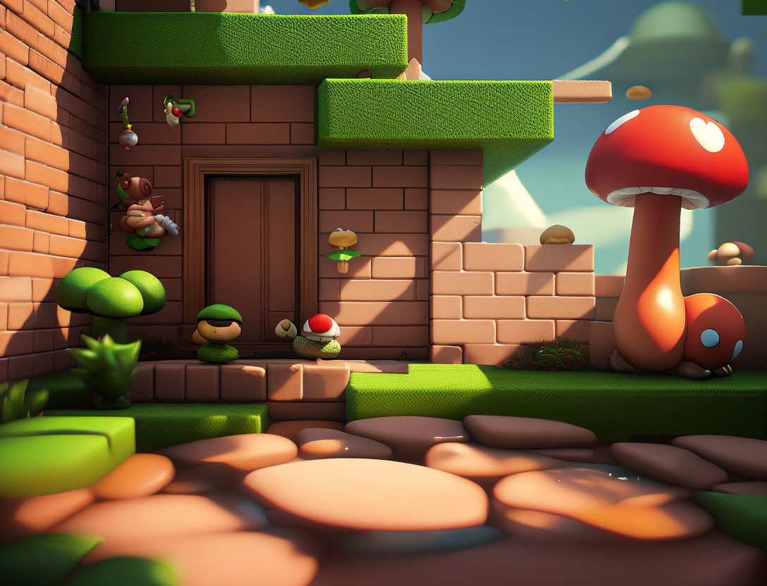 Vibrant 3D scene with stylized mushroom, characters, brick-like environment, door,