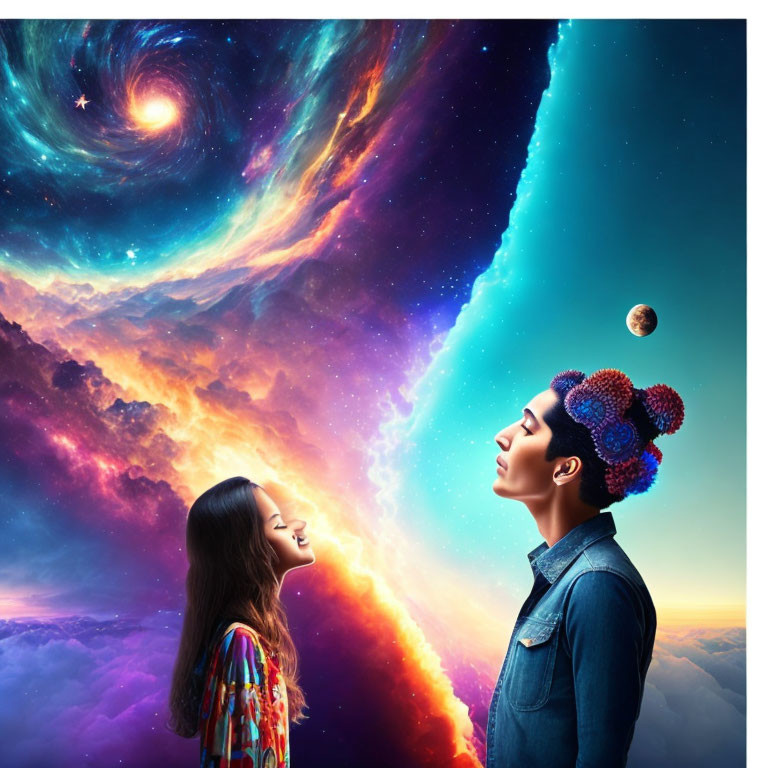 Surreal cosmic sky with two people gazing