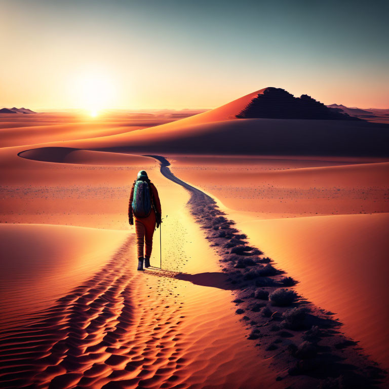 Backpacker walking on sandy desert ridge at sunset