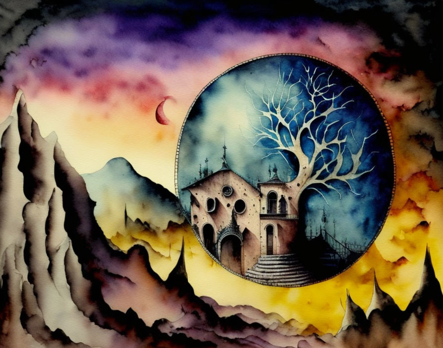 Whimsical night scene watercolor painting with tree, building, and crescent moon