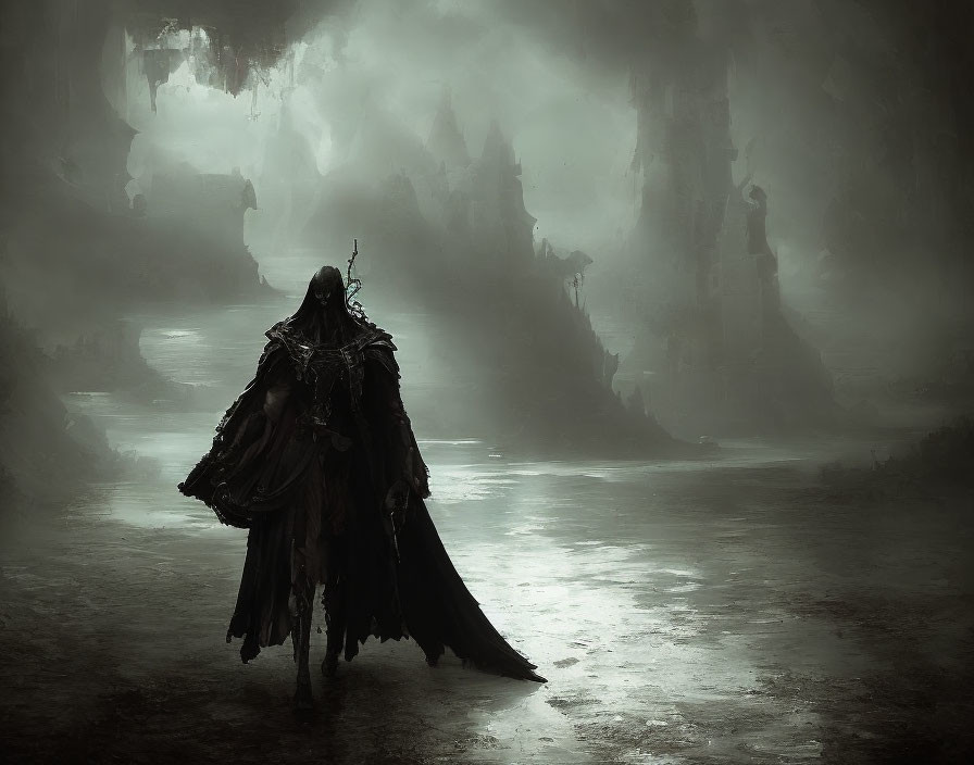 Cloaked Figure in Ominous Landscape with Dark Spires